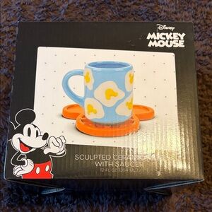 Disney Blue Floral Mickey Mouse Sculpted Ceramic Mug with Orange Saucer
